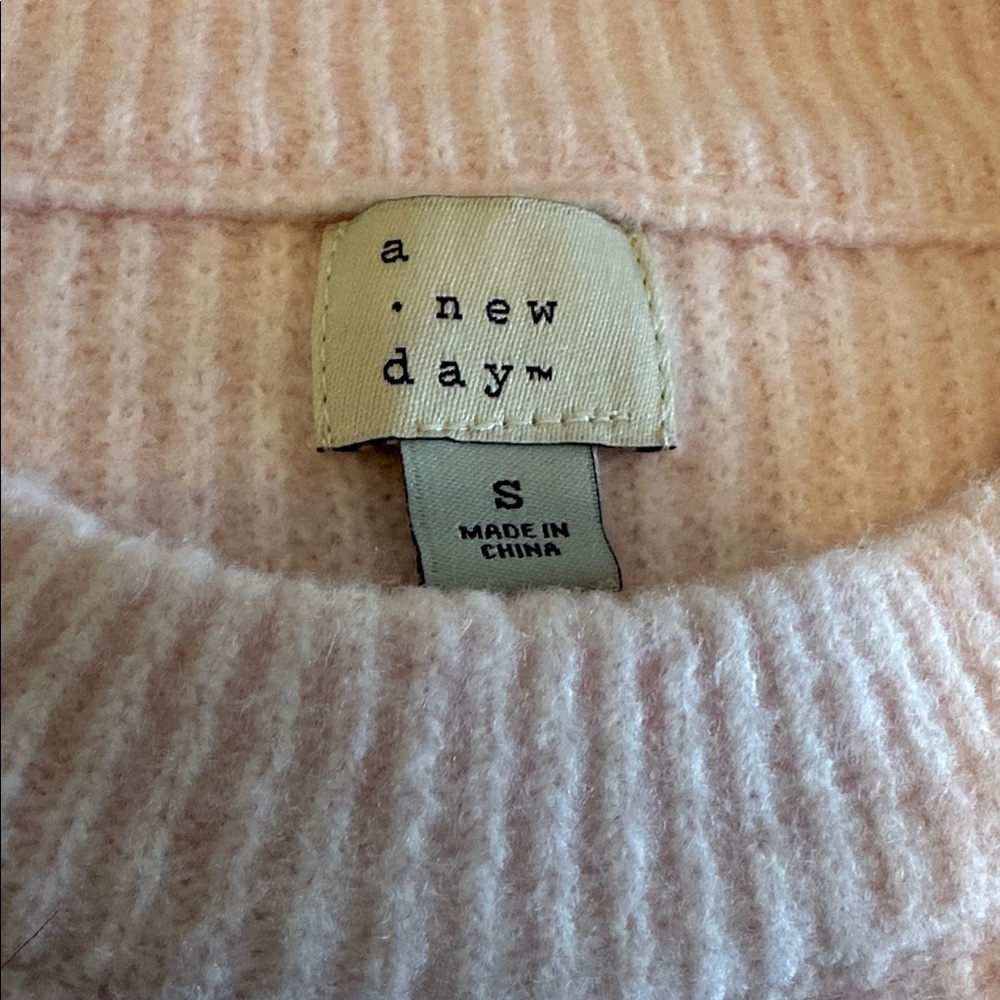 SALE! A New Day pink crewneck sweater with white stripes & red bow embroidery S - Picture 5 of 7